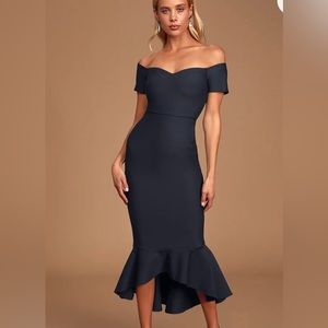 Lulu’s, navy, Off-the-Shoulder Tulip Midi Dress, size small,